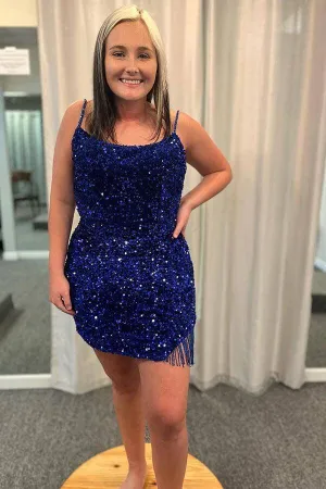 Short Plus Size Sequins Prom Dresses Royal Blue Mermaid Bodycon Spaghetti Straps