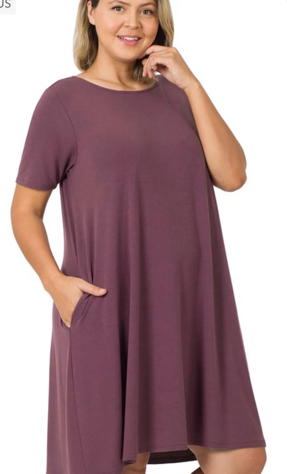 Short Sleeve Flare Dress with Pockets/Curvy/Eggplant