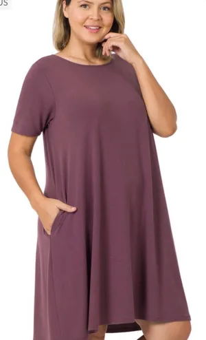 Short Sleeve Flare Dress with Pockets/Curvy/Eggplant