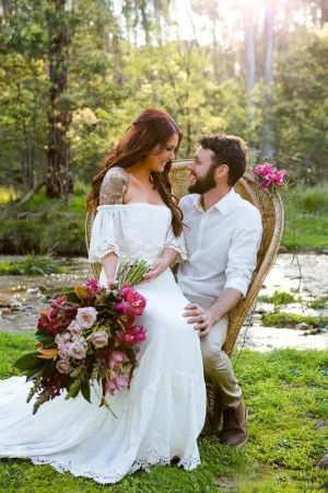 Short Sleeve Lace Boat Neck Appliques Court Train Bohemian Wedding Dress-715315