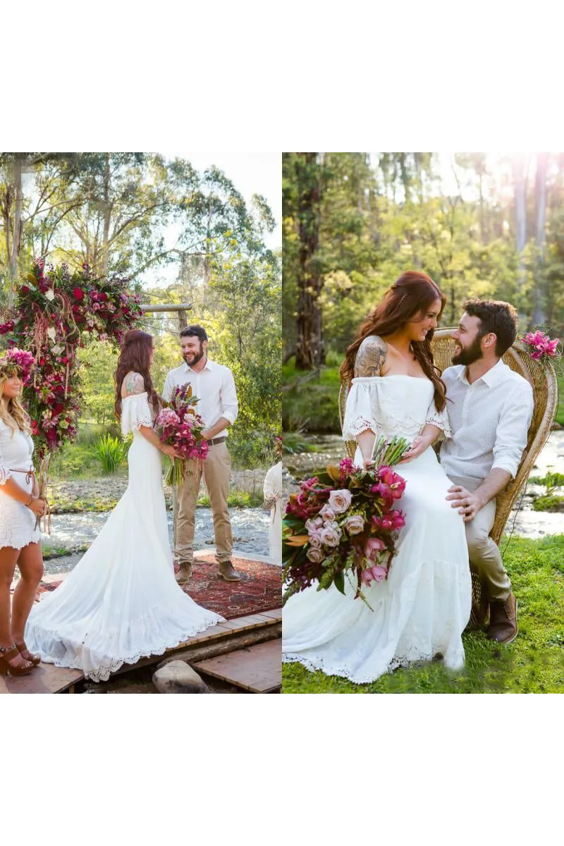 Short Sleeve Lace Boat Neck Appliques Court Train Bohemian Wedding Dress-715315