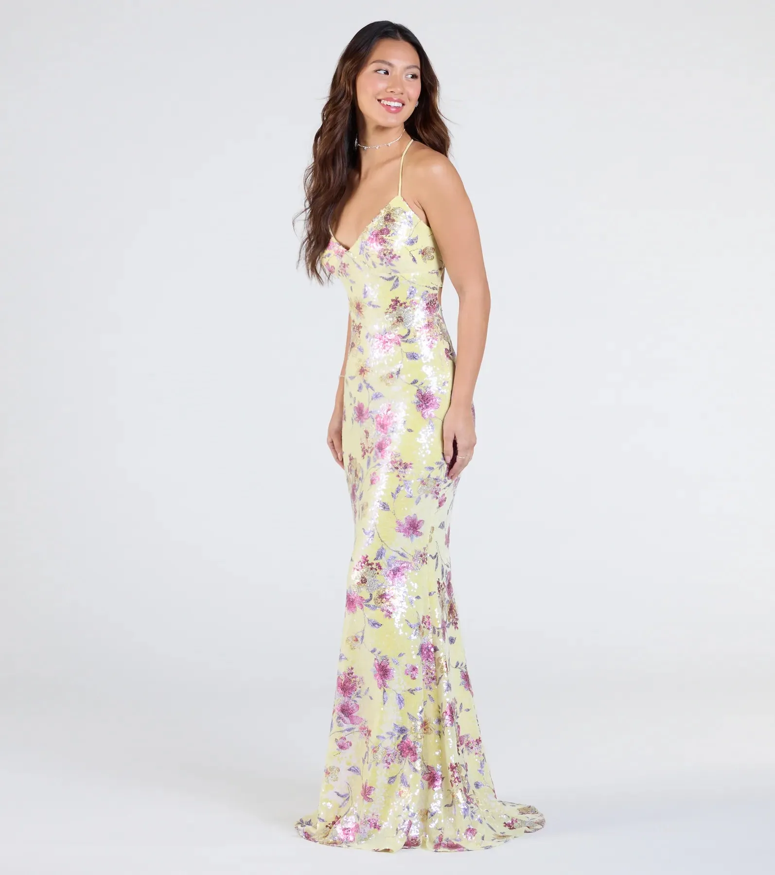 Sierra Lace-Up Floral Sequin Formal Dress