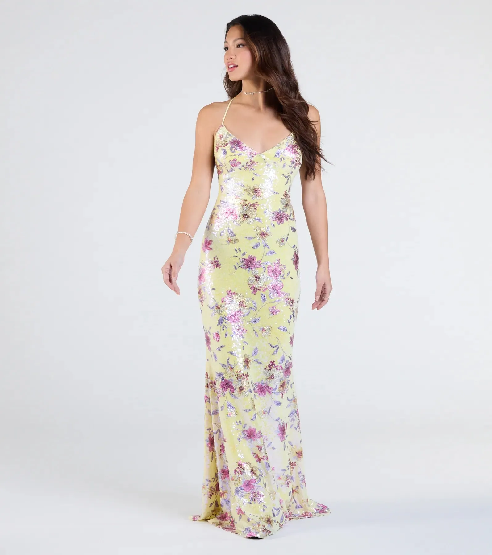 Sierra Lace-Up Floral Sequin Formal Dress