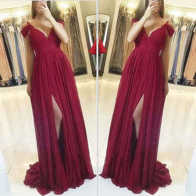 Simple A-line Off-the-Shoulder Chiffon Burgundy Prom Dresses