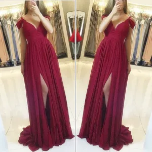 Simple A-line Off-the-Shoulder Chiffon Burgundy Prom Dresses