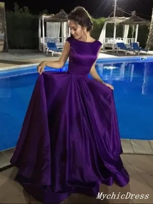 Simple A Line Purple Prom Dresses Satin Cap Sleeves Long Eveing Dresses