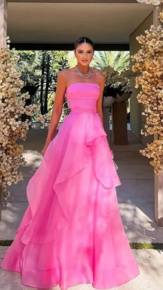 Simple A Line Tulle Ruffle Pink Prom Dresses Strapless Modest Formal Evening Dresses