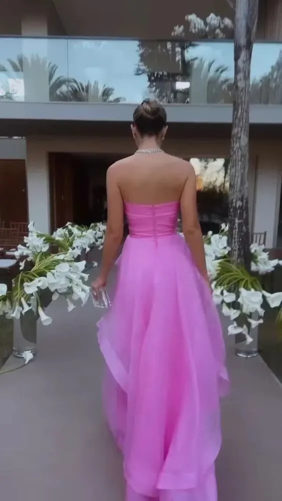 Simple A Line Tulle Ruffle Pink Prom Dresses Strapless Modest Formal Evening Dresses