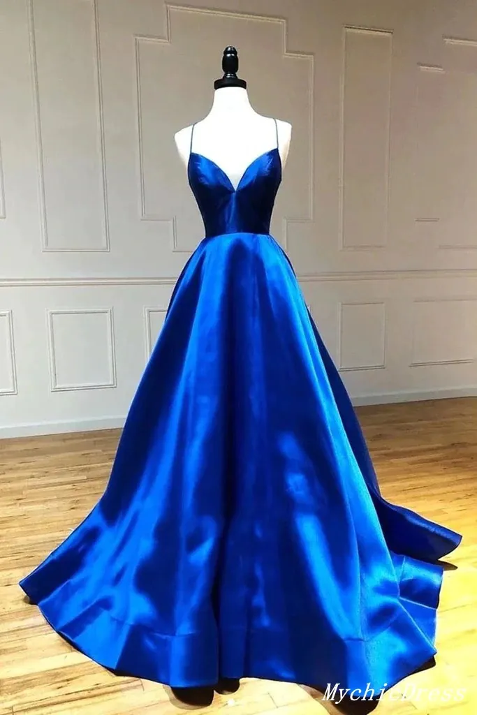Simple Blue Satin Prom Dresses Long V Neck Evening Dresses with Split