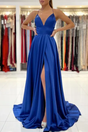 Simple blue v neck satin long prom dress blue evening dress