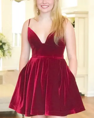Simple Burgundy Velvet Winter Formal Dress Short V Neck Homecoming Dress