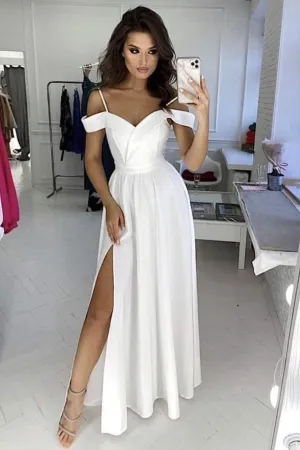 Simple white off shoulder satin long prom dress white evening dress