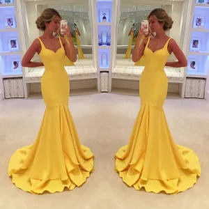 Simple Yellow Prom Dress,Mermaid Tiered Prom Dresses
