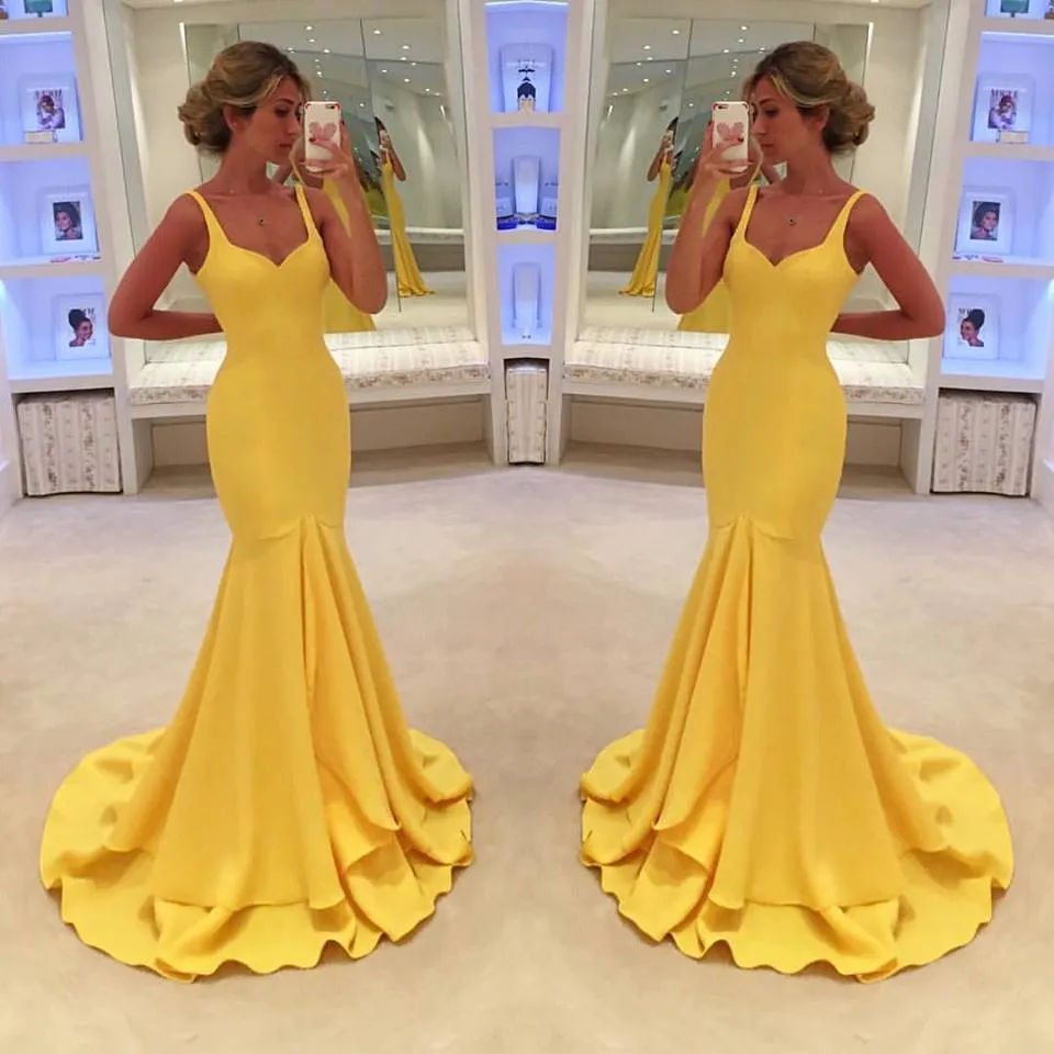 Simple Yellow Prom Dress,Mermaid Tiered Prom Dresses