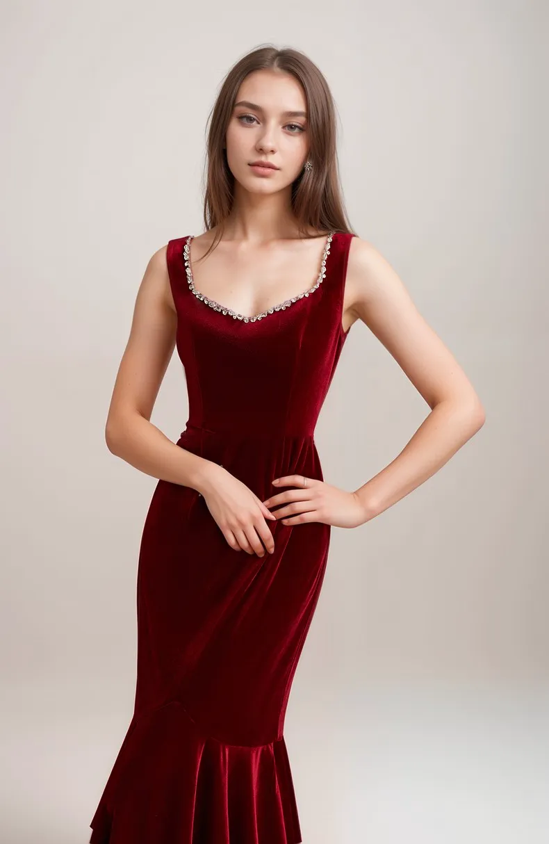 Sleeveless Scoop Neck Velvet Midi Dress with Crystal Trim
