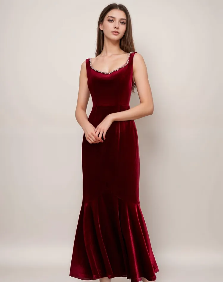Sleeveless Scoop Neck Velvet Midi Dress with Crystal Trim