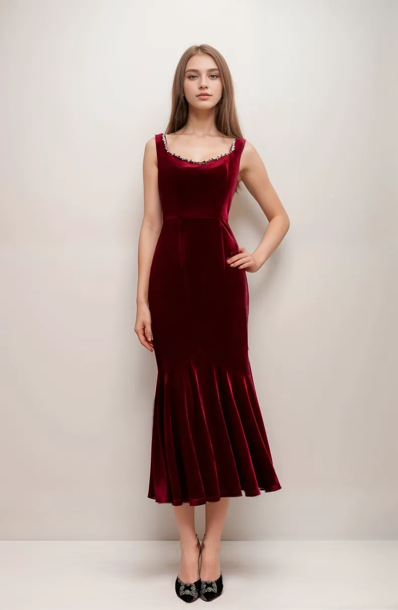 Sleeveless Scoop Neck Velvet Midi Dress with Crystal Trim