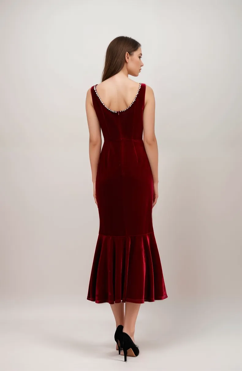Sleeveless Scoop Neck Velvet Midi Dress with Crystal Trim