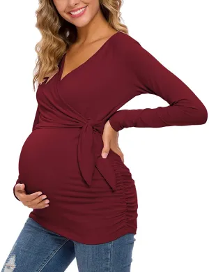 Solid Long Sleeve V-Neck Maternity Tops