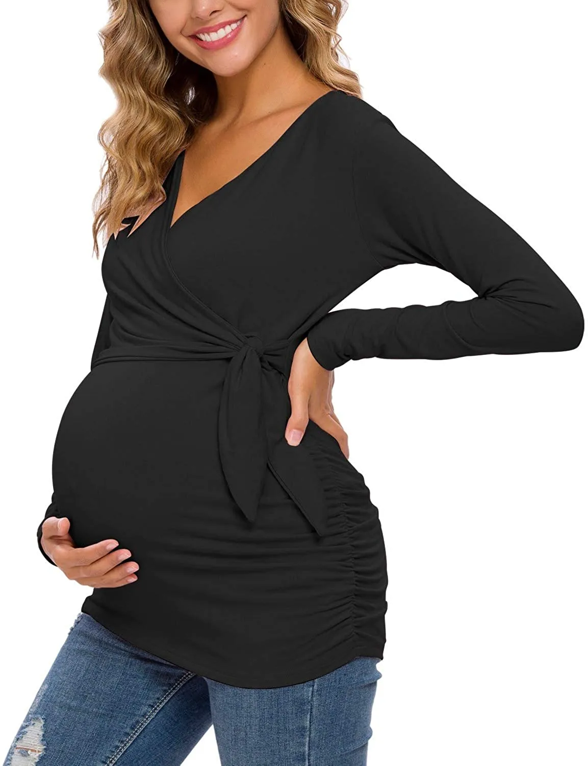 Solid Long Sleeve V-Neck Maternity Tops