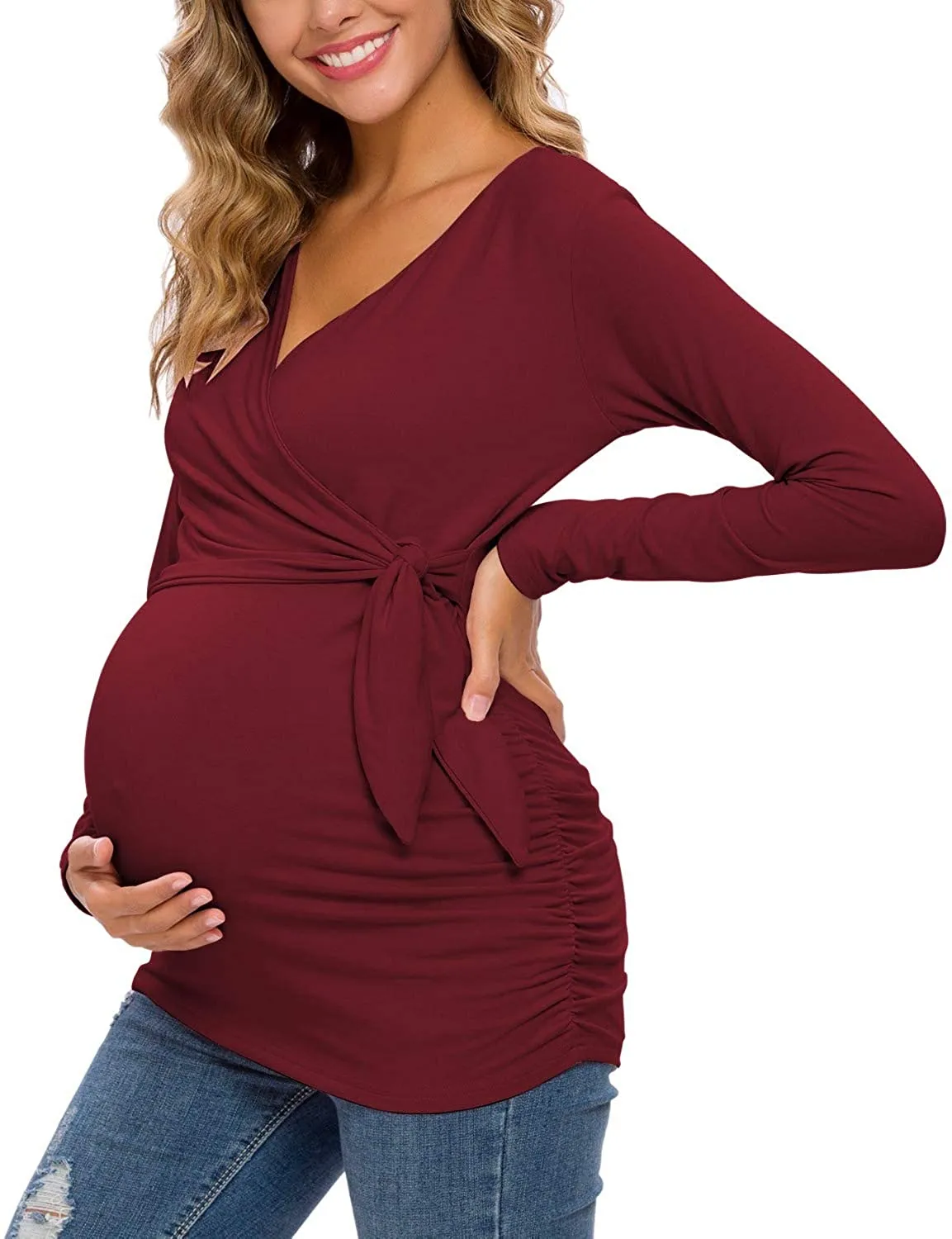 Solid Long Sleeve V-Neck Maternity Tops