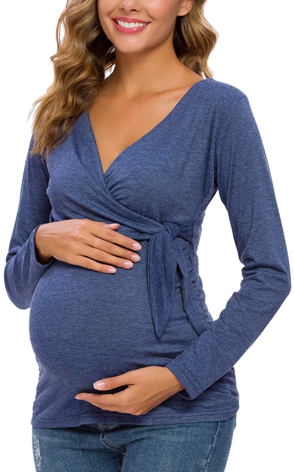 Solid Long Sleeve V-Neck Maternity Tops