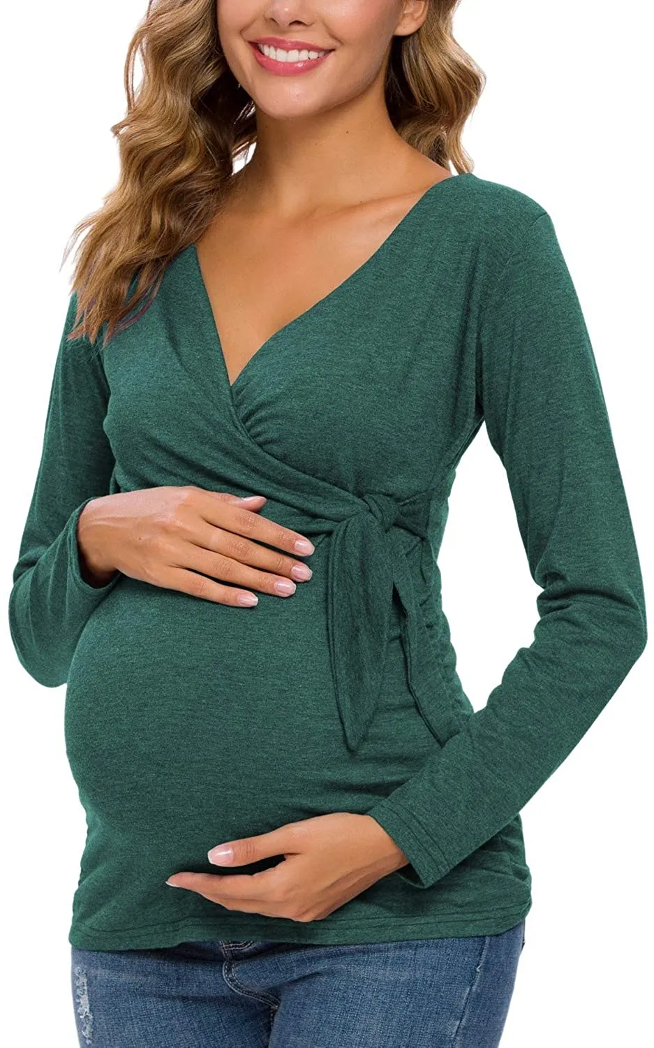 Solid Long Sleeve V-Neck Maternity Tops
