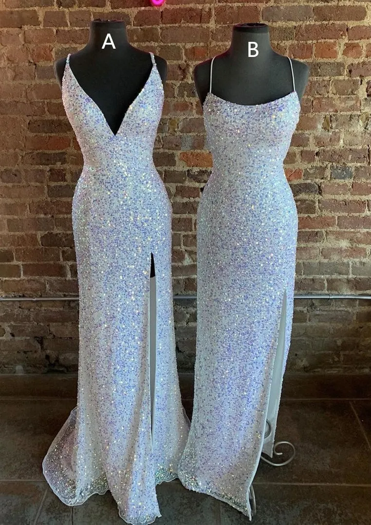Sparkly Sequin Memmaid Sleeveless Iridescent White Prom Dresses with Split