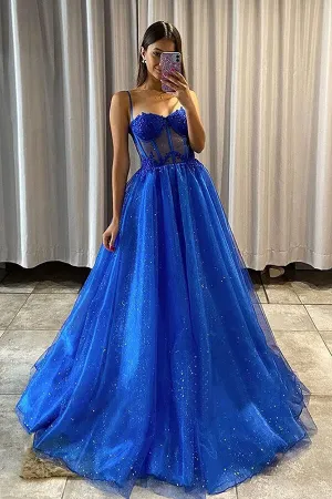 Sparkly Tulle Royal Blue A-line Sweetheart Prom Dresses, Evening Dresses, MP790