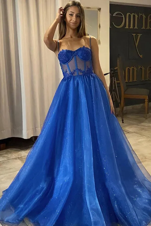 Sparkly Tulle Royal Blue A-line Sweetheart Prom Dresses, Evening Dresses, MP790