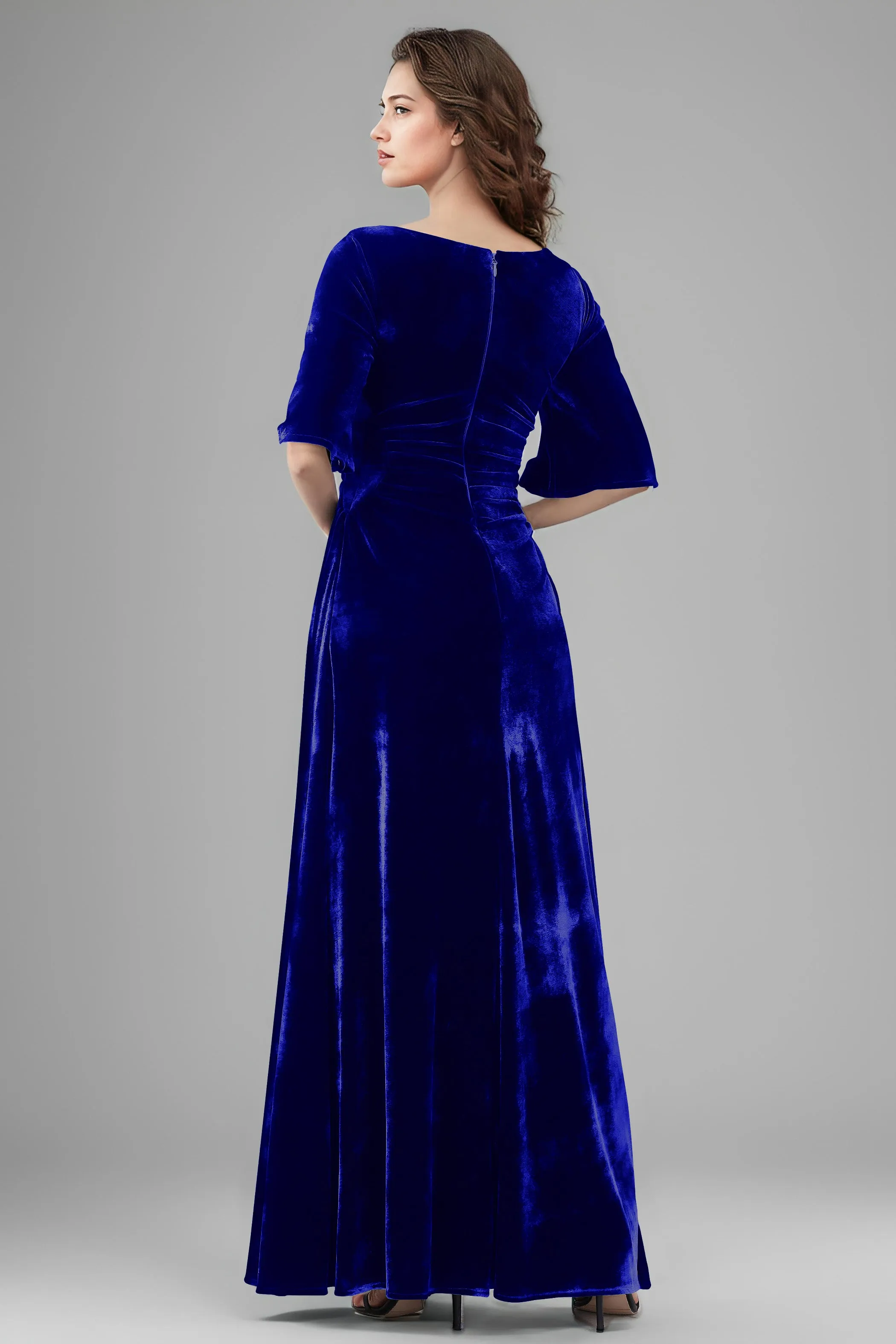 Square Neck Simple A Line Half Sleeves Velvet Bridesmaid Dresses