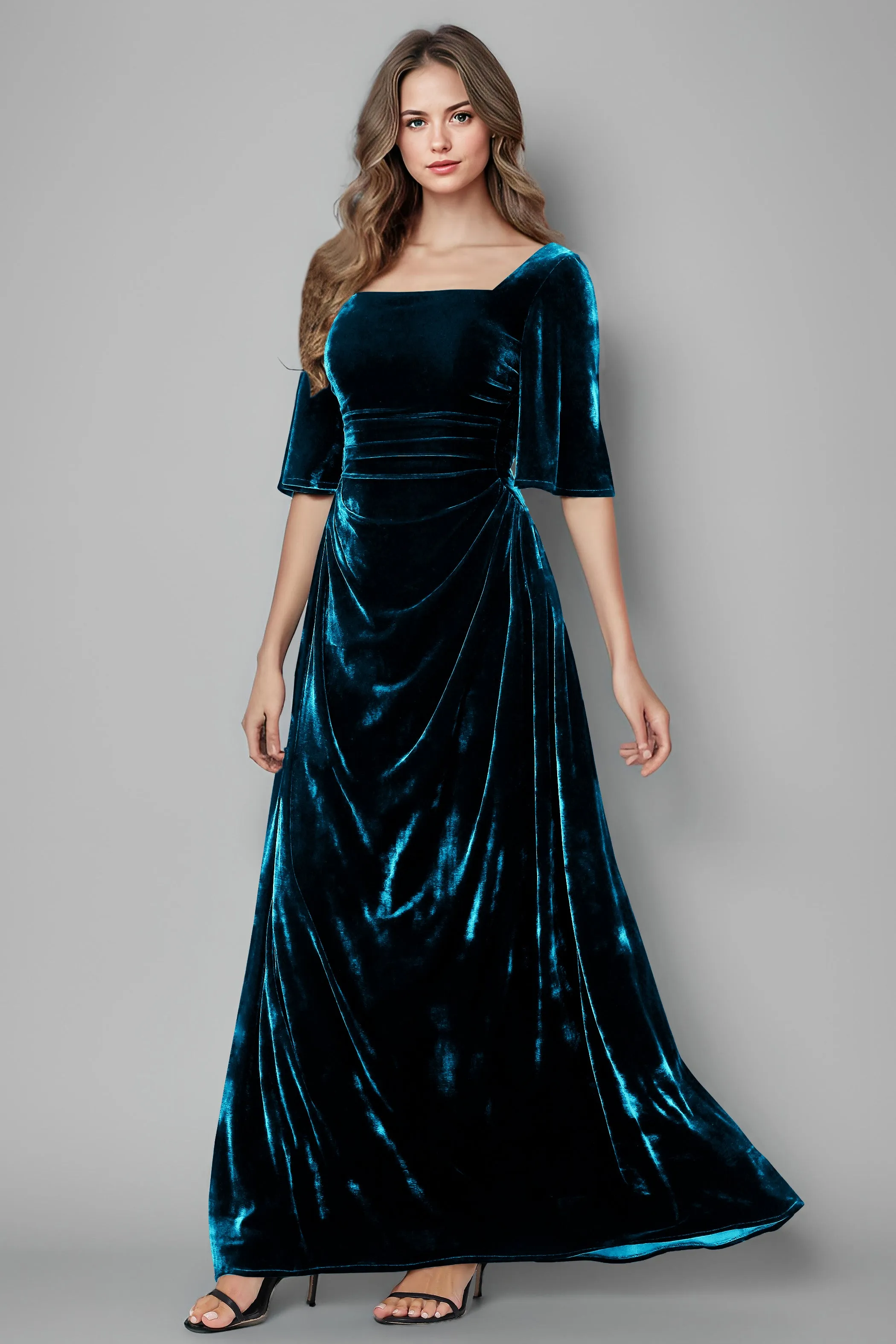 Square Neck Simple A Line Half Sleeves Velvet Bridesmaid Dresses