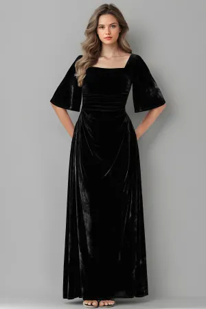 Square Neck Simple A Line Half Sleeves Velvet Bridesmaid Dresses