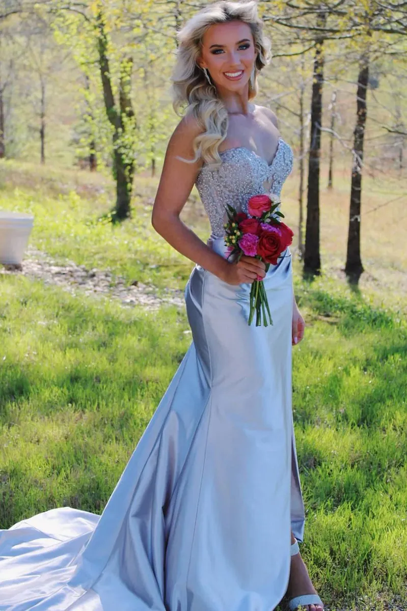 Strapless Lace Mermaid Long Prom Dresses with Slit