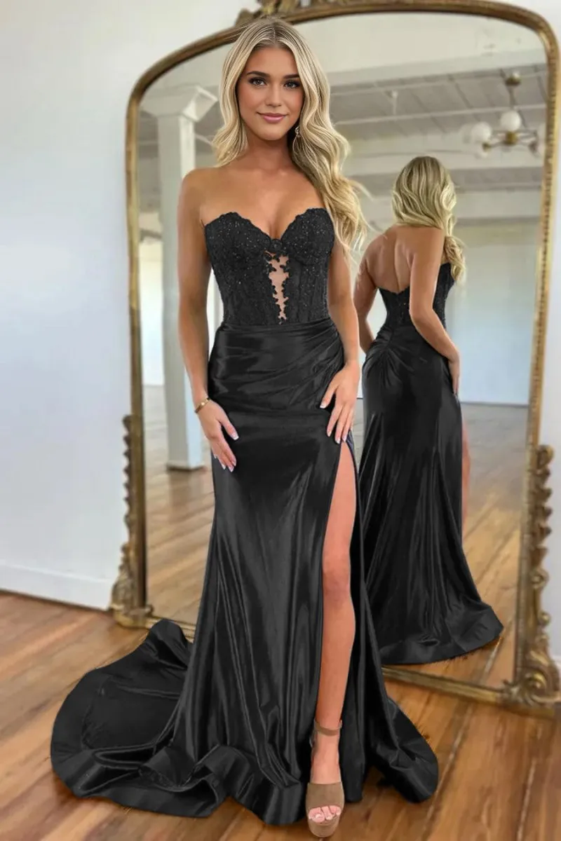 Strapless Lace Mermaid Long Prom Dresses with Slit