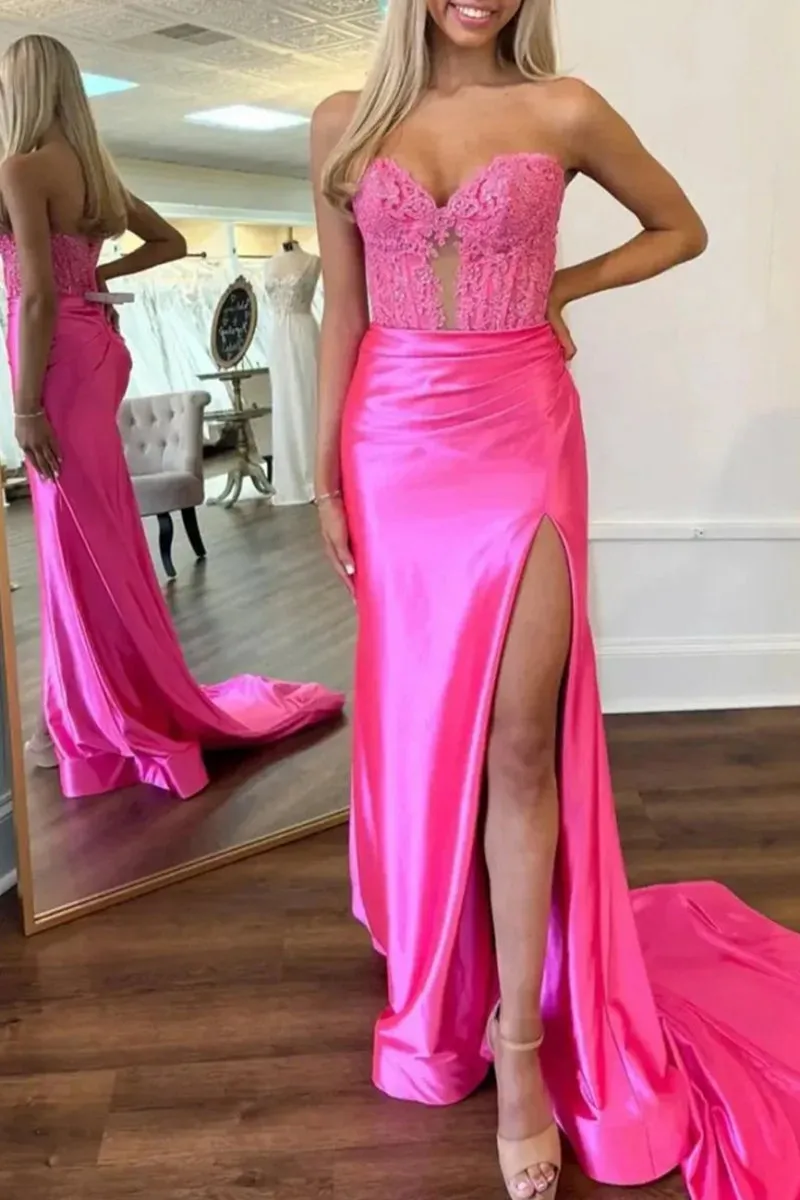 Strapless Lace Mermaid Long Prom Dresses with Slit
