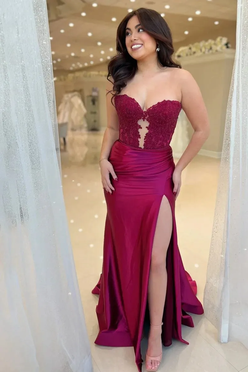 Strapless Lace Mermaid Long Prom Dresses with Slit