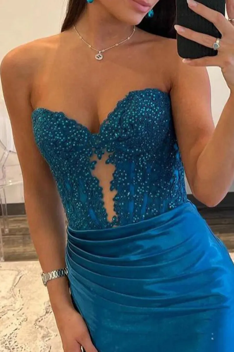 Strapless Lace Mermaid Long Prom Dresses with Slit