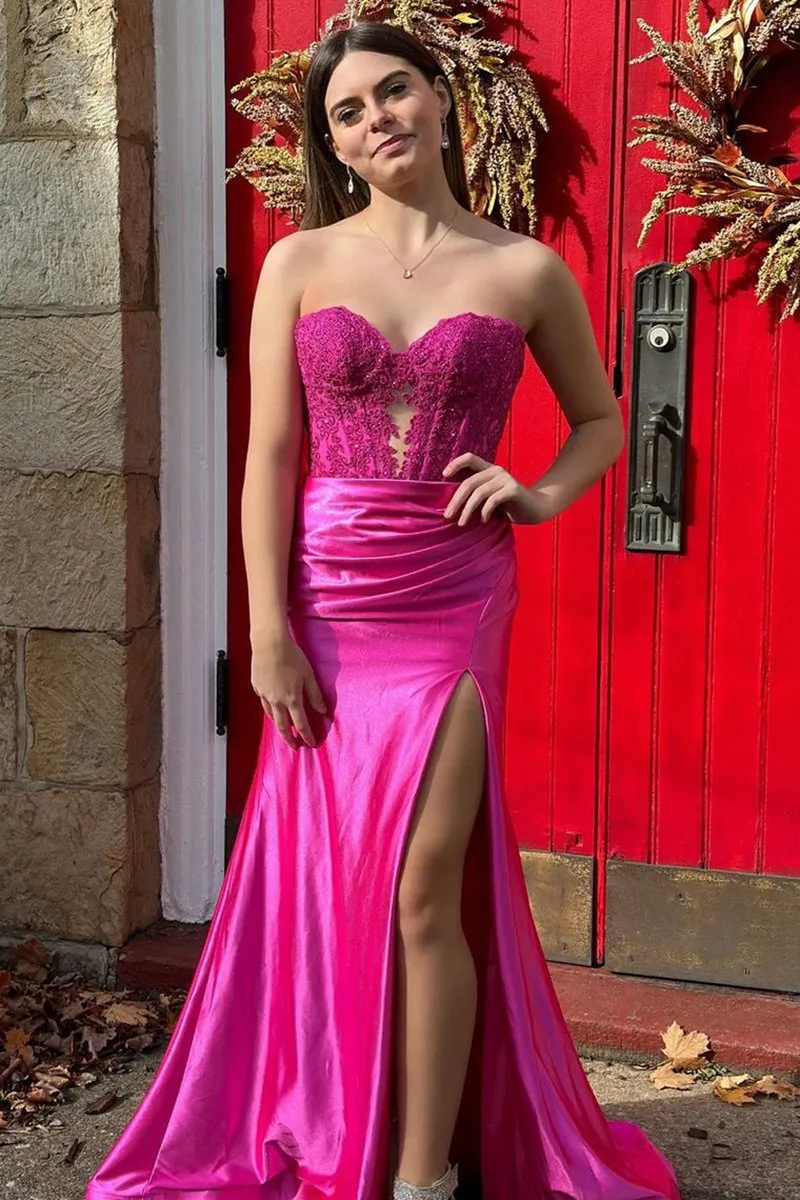 Strapless Lace Mermaid Long Prom Dresses with Slit