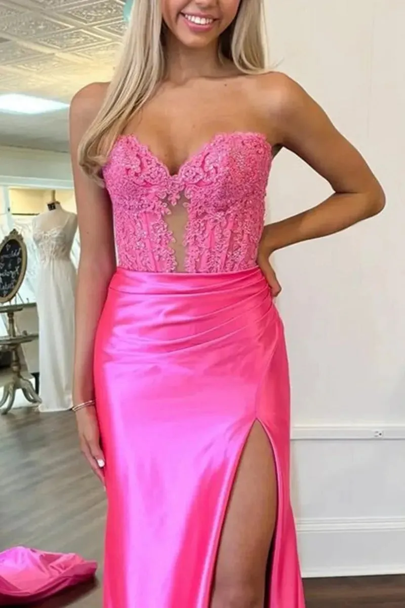 Strapless Lace Mermaid Long Prom Dresses with Slit