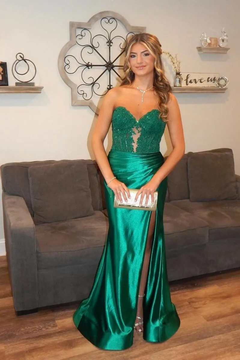 Strapless Lace Mermaid Long Prom Dresses with Slit