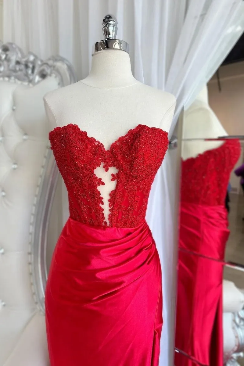 Strapless Lace Mermaid Long Prom Dresses with Slit