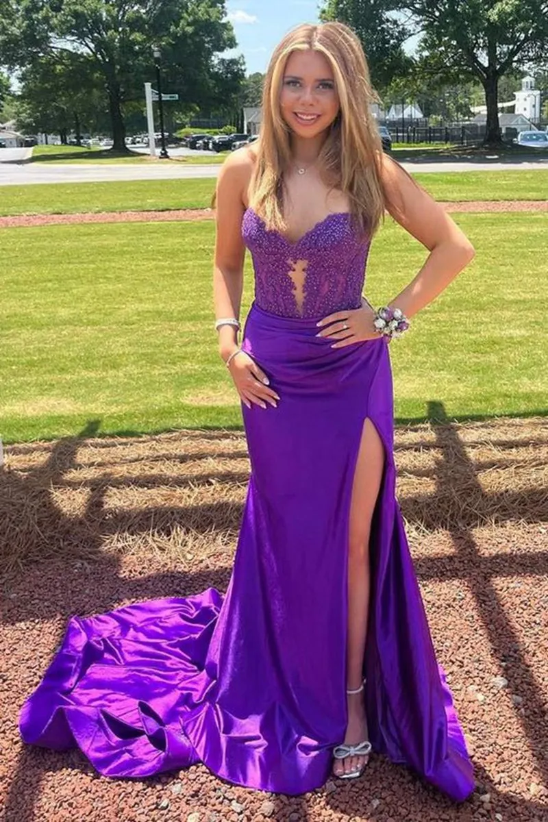 Strapless Lace Mermaid Long Prom Dresses with Slit