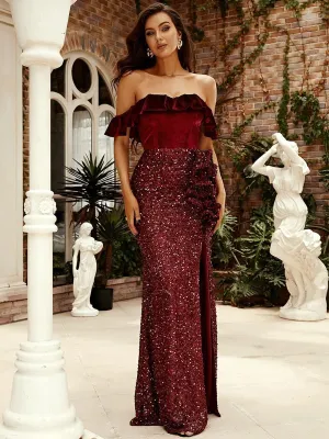 Strapless Ruffled Ruched Maxi Burgundy Sequin Formal Dress XH2444