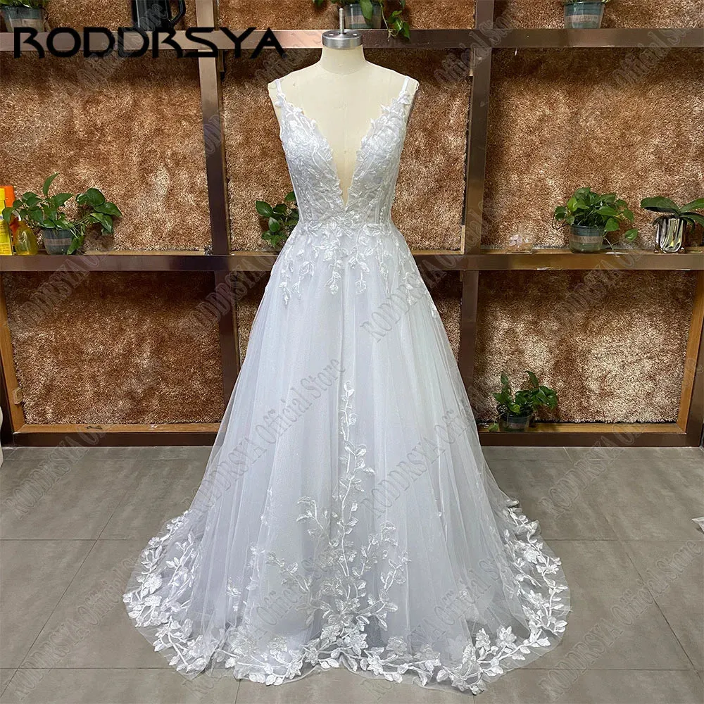 Straps Glitter Wedding Dresses V-Neck Shiny Tulle With Applique Backless Bohemia