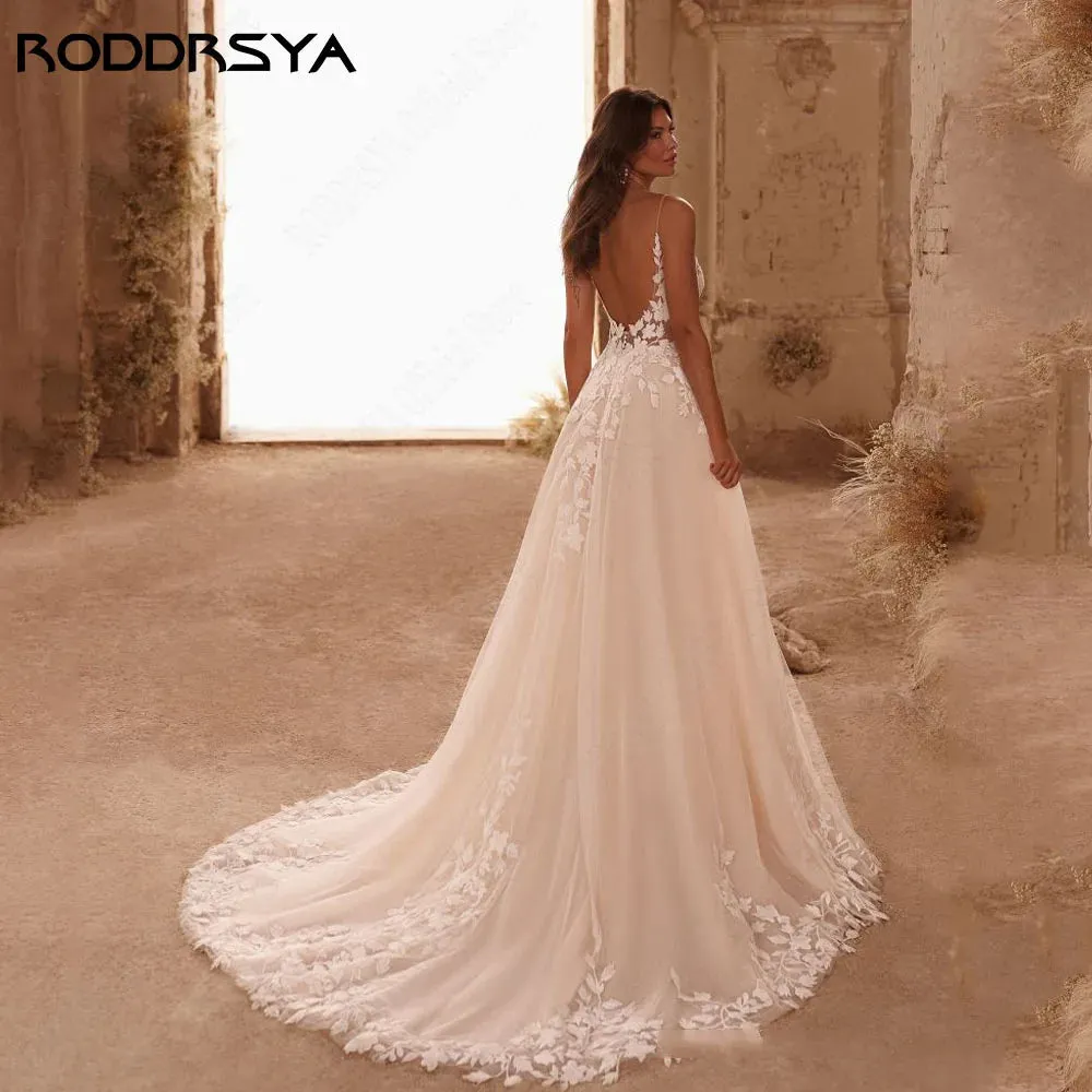 Straps Glitter Wedding Dresses V-Neck Shiny Tulle With Applique Backless Bohemia