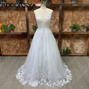 Straps Glitter Wedding Dresses V-Neck Shiny Tulle With Applique Backless Bohemia