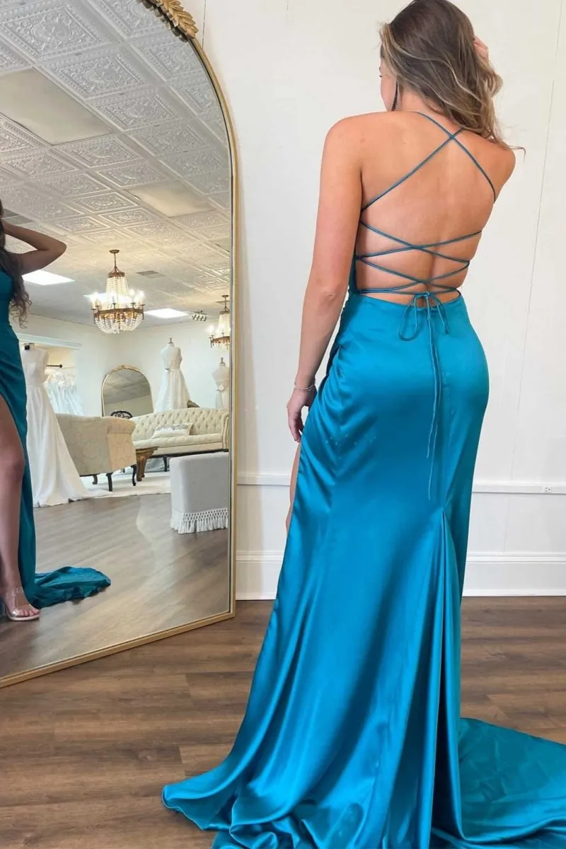 Straps Teal V-Neck Ruched Long Prom Dresses