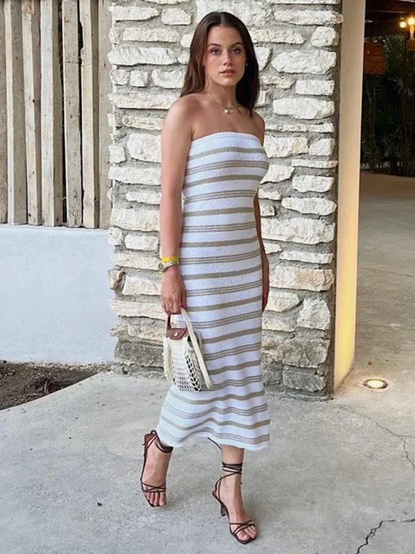 Striped Tube Top Maxi Dress with Hip-Hugging Design