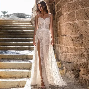 Stunning Beach Wedding Dress Bohemian Inspired Elegant Lace Appliques And Sexy Side Slit
